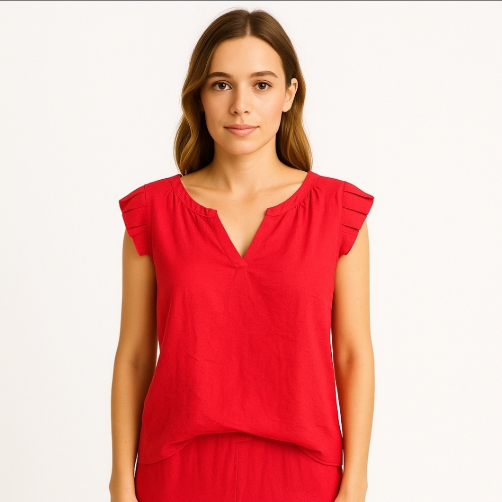 Monteau Los Angeles Red Summer Ruffle Sleeve Vneck Top XL